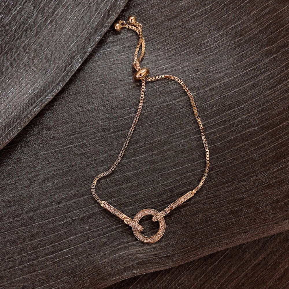 NEW Gold Circle Round Diamond Link Bar Adjustable Bracelet - Picture 8 of 9